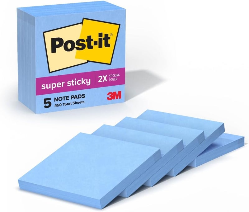 Post It Super Sticky Notes, 5 Sticky Note Pads, 3 x 3 in., School Supplies, Office Products, Sticky Notes for Vertical Surfaces, Monitors, Walls and Windows, Washed Denim - Image 1