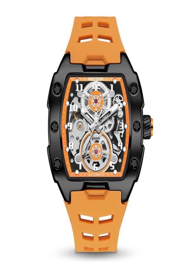 MEGIR Automatic Mechanical Men Watch, Silicone Band, 43x50mm Alloy Case, 3ATM Water Resistant, Luminous Hands, Orange - Image 1