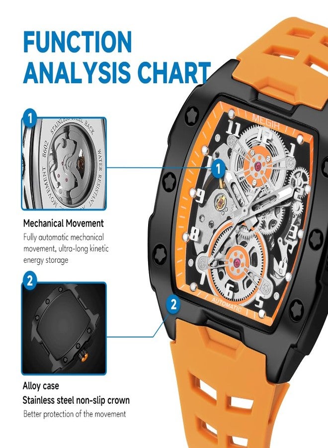 MEGIR Automatic Mechanical Men Watch, Silicone Band, 43x50mm Alloy Case, 3ATM Water Resistant, Luminous Hands, Orange - Image 2