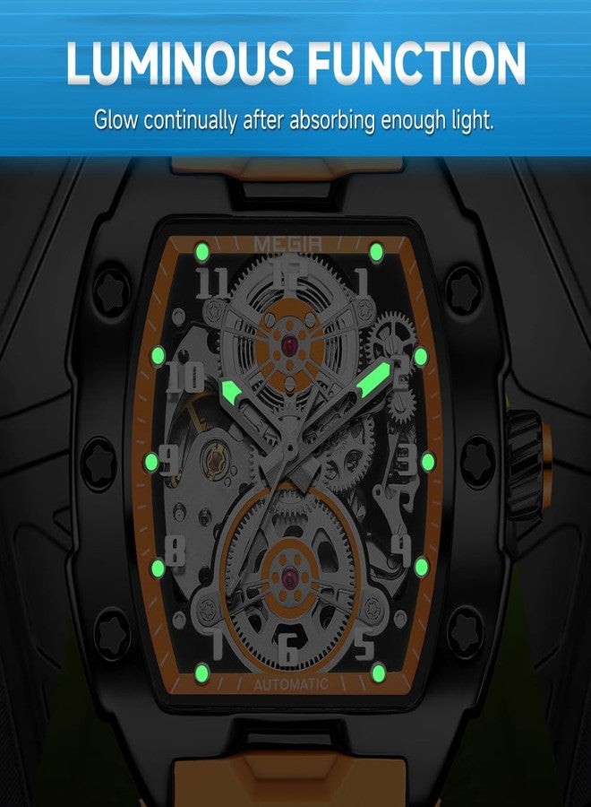 MEGIR Automatic Mechanical Men Watch, Silicone Band, 43x50mm Alloy Case, 3ATM Water Resistant, Luminous Hands, Orange - Image 5