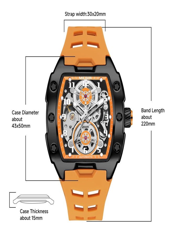 MEGIR Automatic Mechanical Men Watch, Silicone Band, 43x50mm Alloy Case, 3ATM Water Resistant, Luminous Hands, Orange - Image 4