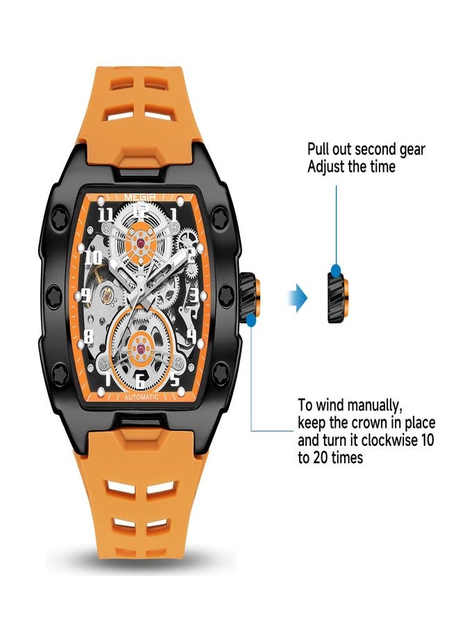 MEGIR Automatic Mechanical Men Watch, Silicone Band, 43x50mm Alloy Case, 3ATM Water Resistant, Luminous Hands, Orange - Image 3