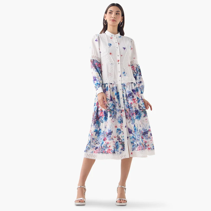 2Xtremz 2Xtremz All-Over Floral Print Dress with Mandarin Collar