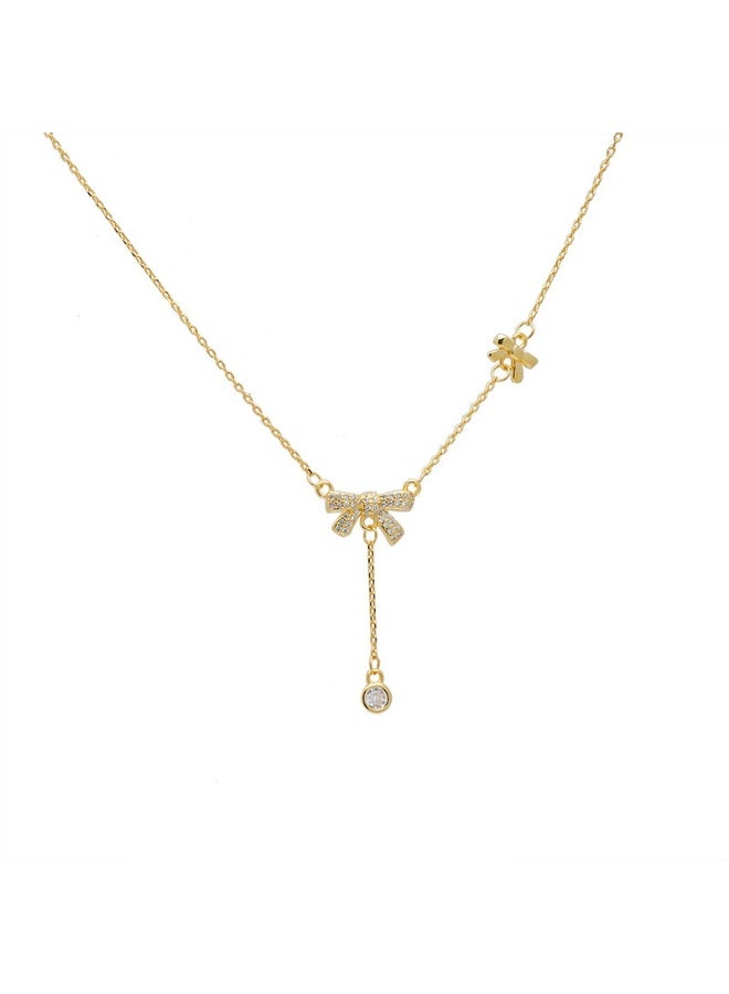 Goolsky قلادة باندل زركون بتصميم فرنسي عتيق مع فيونكة – مجوهرات أنيقة، فيونكة وزركون، يومية/حفلات/فعاليات رسمية، متلألئة - Image 1