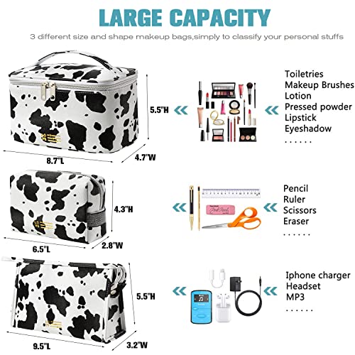 FITINI 3 Pack Makeup Bag Cows Travel Large Toiletry Bag Portable Cosmetic Organizer Pouch with Small Brush Storage Case Gold Zipper Waterproof for Women and GirlsWhite - Image 3