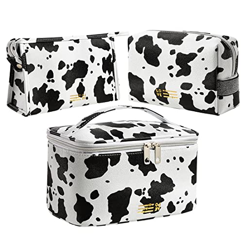 FITINI 3 Pack Makeup Bag Cows Travel Large Toiletry Bag Portable Cosmetic Organizer Pouch with Small Brush Storage Case Gold Zipper Waterproof for Women and GirlsWhite - Image 1