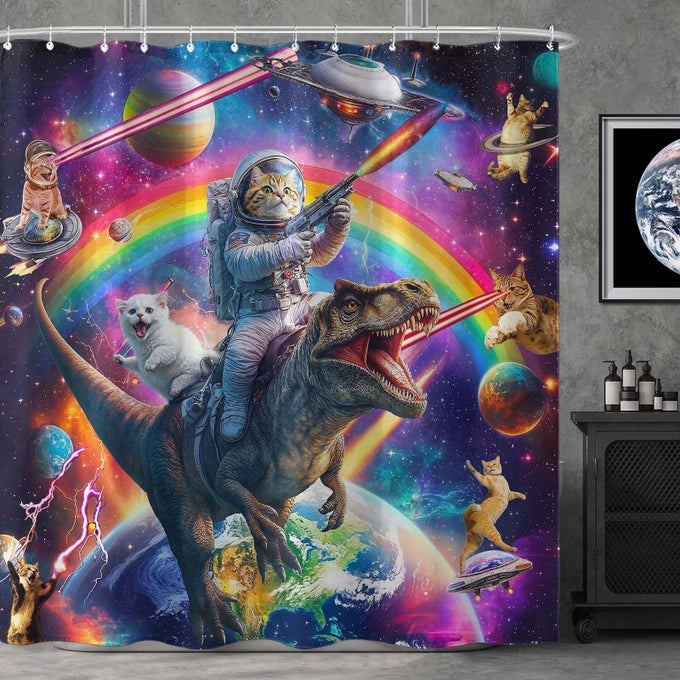 FUNNY CAT DINOSAUR SHOWER CURTAIN FUN COOL COLORFUL SPACE CATS SHOWER CURTAINS FOR BATHROOM FANTASY GALAXY UNIVERSE ANIME KIDS WATERPROOF FABRIC BATH CURTAIN DECOR 72 X 72 INCHES