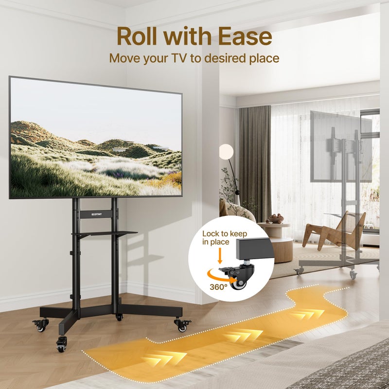 ECOTINY Upgraded Rolling TV Stand for 32-86 Inch TVs up to 200 lbs, Heavy Duty Mobile TV Cart with Laptop Shelf, Height Adjustable Portable TV Stand with Lockable Wheels, Max VESA 600x400mm, HW1285BK - Image 4