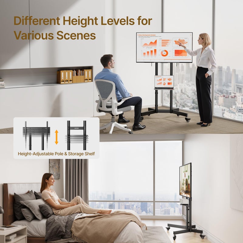 ECOTINY Upgraded Rolling TV Stand for 32-86 Inch TVs up to 200 lbs, Heavy Duty Mobile TV Cart with Laptop Shelf, Height Adjustable Portable TV Stand with Lockable Wheels, Max VESA 600x400mm, HW1285BK - Image 2