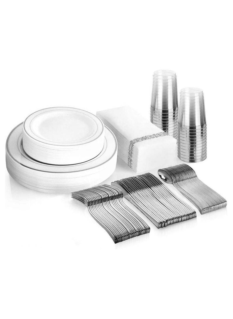Alissa 175 Piece Silver Dinnerware Set 25 Piece 10.25 Inches Dinner Plates 25 Piece 7.5 Inches Salad Plates 25 Piece 10 Oz Silver Rim Plastic Cups 25 Piece Print Napkins 25 Spoons 25 Piece Forks 25 Piece Knifes  - Image 1