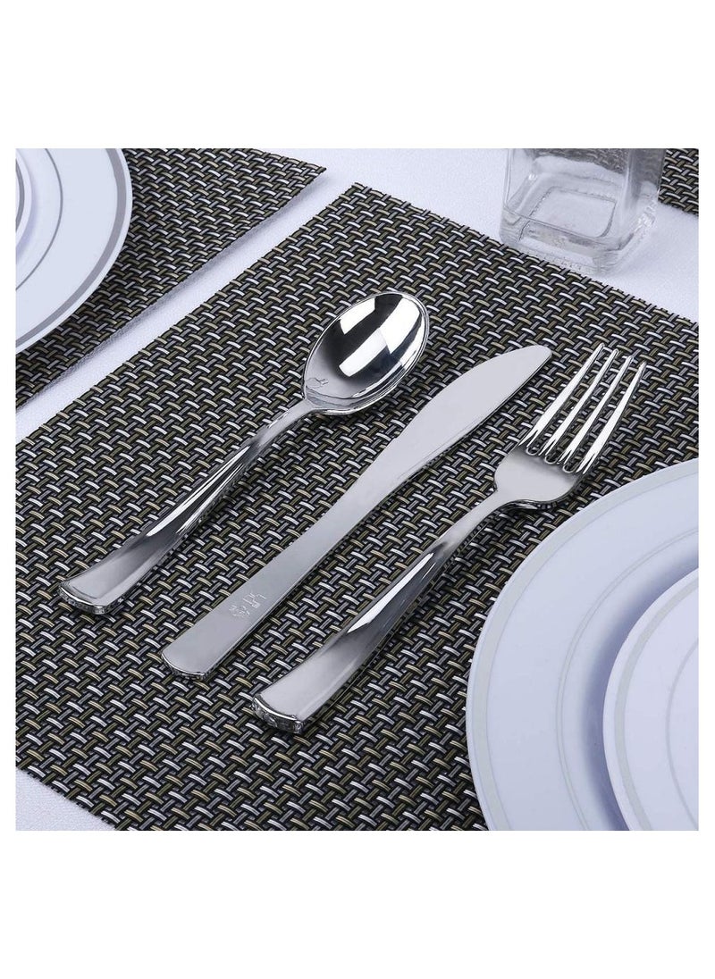 Alissa 175 Piece Silver Dinnerware Set 25 Piece 10.25 Inches Dinner Plates 25 Piece 7.5 Inches Salad Plates 25 Piece 10 Oz Silver Rim Plastic Cups 25 Piece Print Napkins 25 Spoons 25 Piece Forks 25 Piece Knifes  - Image 3