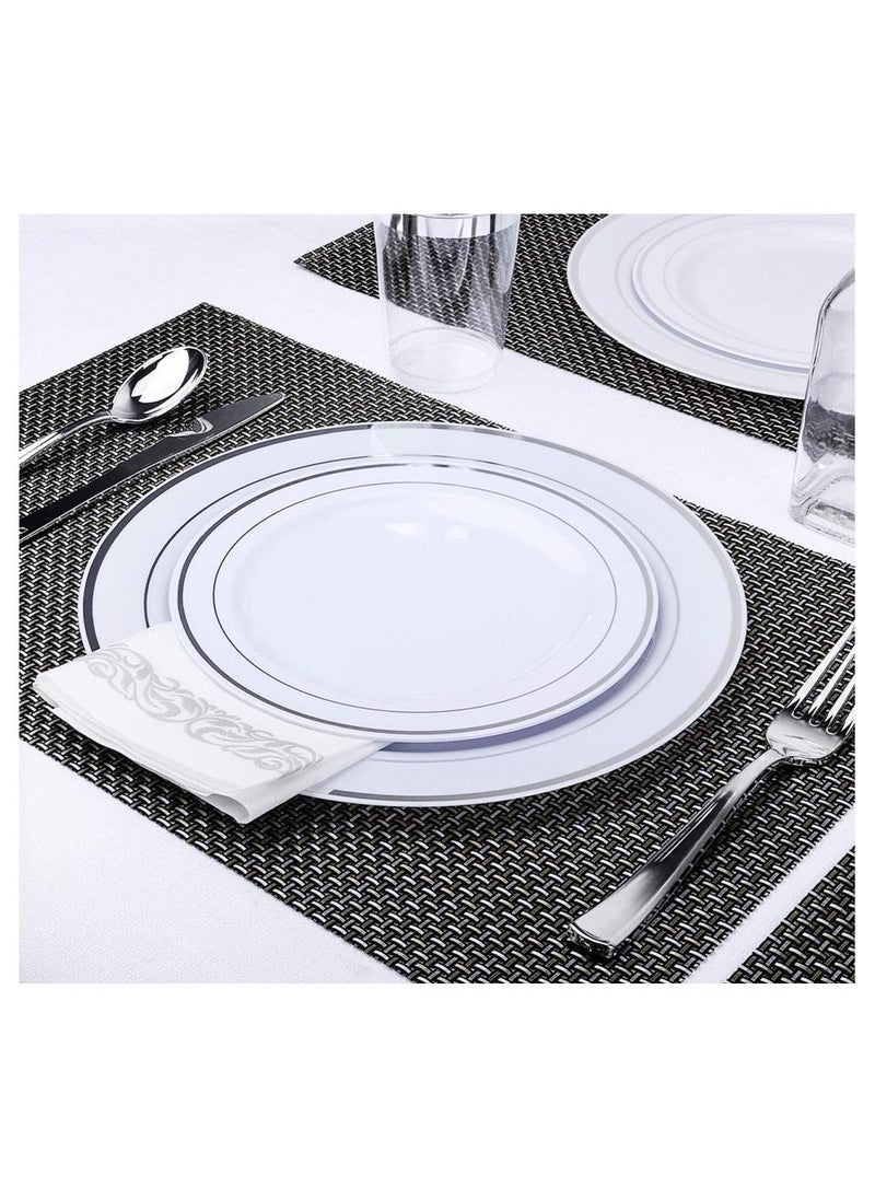 Alissa 175 Piece Silver Dinnerware Set 25 Piece 10.25 Inches Dinner Plates 25 Piece 7.5 Inches Salad Plates 25 Piece 10 Oz Silver Rim Plastic Cups 25 Piece Print Napkins 25 Spoons 25 Piece Forks 25 Piece Knifes  - Image 2