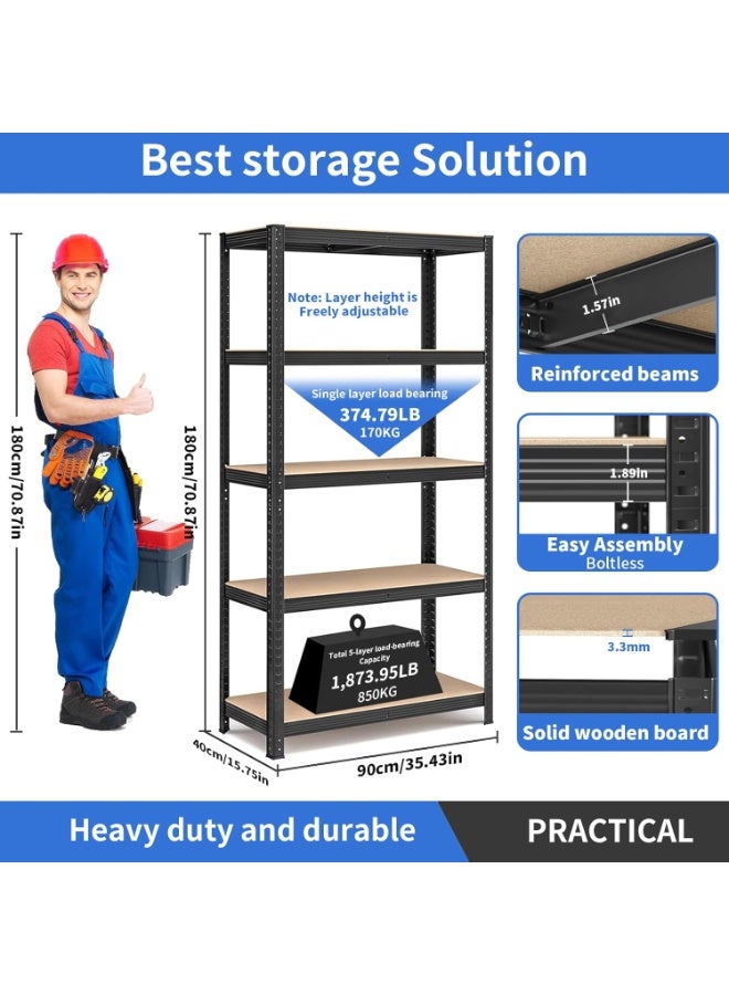 M.A&F's 5-Tier Storage Shelves, Garage Storage, Boltless Assembly, Adjustable Shelving Unit, for Shed Warehouse Basement Kitchen (Black) - Image 3
