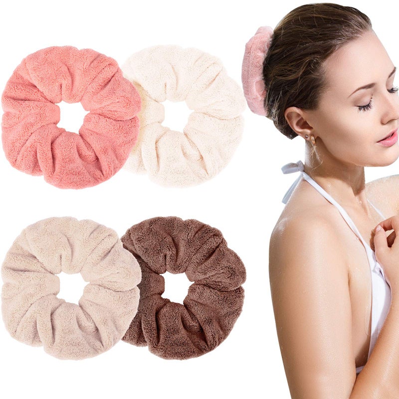 WILLBOND 4 Pieces Large Towel Microfiber Drying Soft Scrunchies Thick Scrunchies Fuzzy Scrunchy Ponytail Holder for Hair Light Bobbles Ropes Wet and Dry Hair Accessories (Bright Colors)