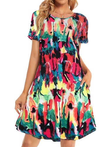 elescat Sundresses for Women Summer Beach Tshirt Dress Tie Dye Short Sleeves Pocket Tunic(Colorful,L) - Image 1