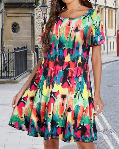 elescat Sundresses for Women Summer Beach Tshirt Dress Tie Dye Short Sleeves Pocket Tunic(Colorful,L) - Image 5