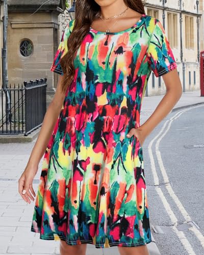 elescat Sundresses for Women Summer Beach Tshirt Dress Tie Dye Short Sleeves Pocket Tunic(Colorful,L) - Image 3
