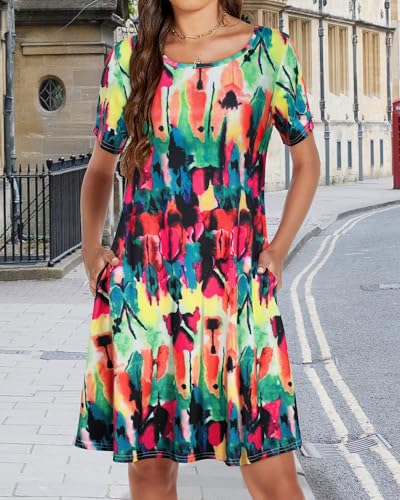 elescat Sundresses for Women Summer Beach Tshirt Dress Tie Dye Short Sleeves Pocket Tunic(Colorful,L) - Image 2