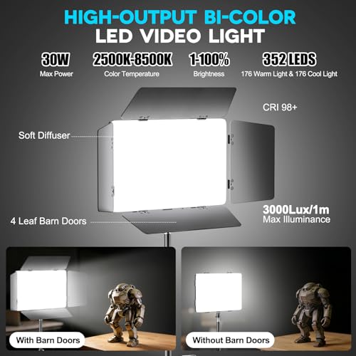 Scrhot 2 Pack LED Video Light Kit 79'' Tripod Light Stand, 30W 3000Lux Photography Light with Barndoor, CRI 98+ 2500K-8500K Studio Lights Panel Podcast Lighting for Video Recording/Game Live Streaming - Image 2