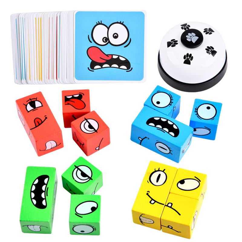 varbertos Wooden Face Changing Magic Cube Game Expression Puzzle Building Blocks Pattern Matching Game Educational Puzzles Toy Board Games for Kids and Adults with Bell - Image 3
