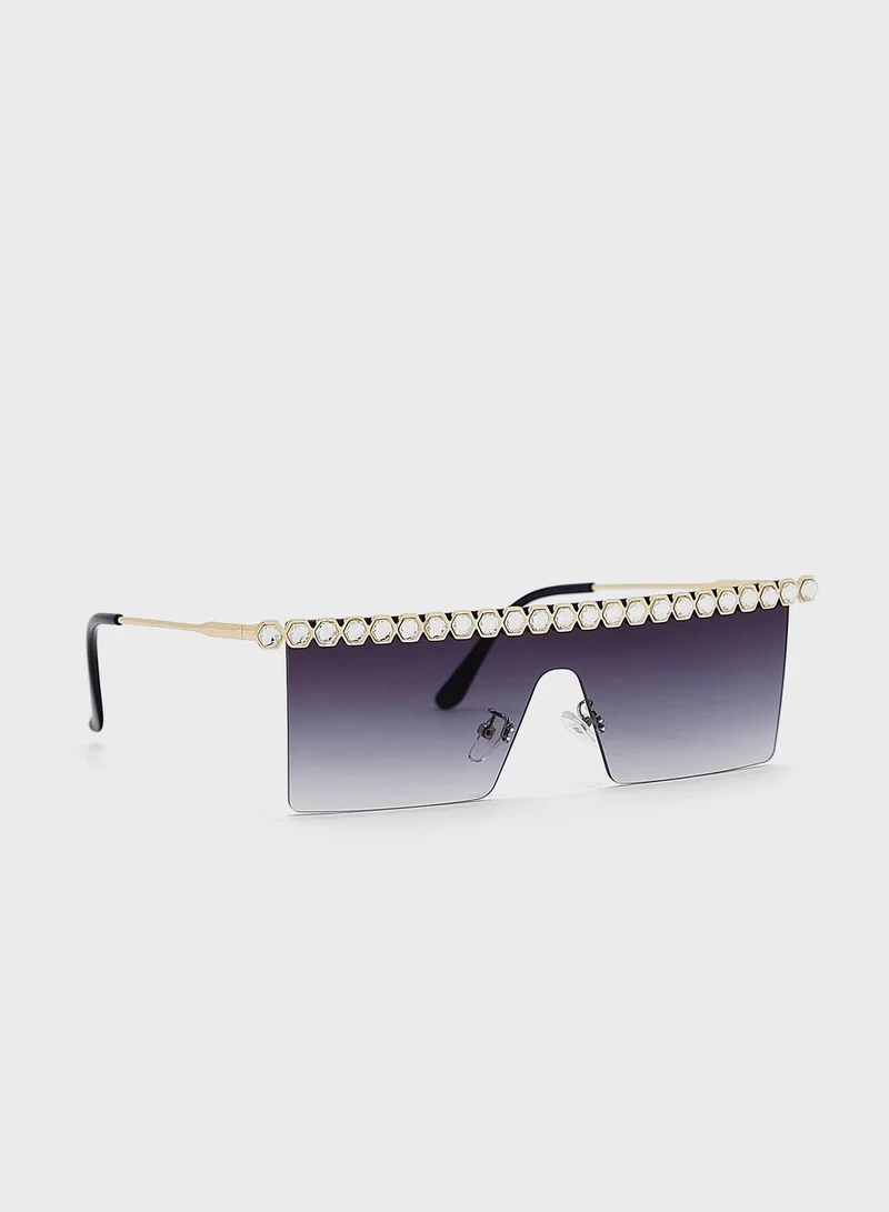 Ginger Coloured Jewel Trim Shield Sunglasses