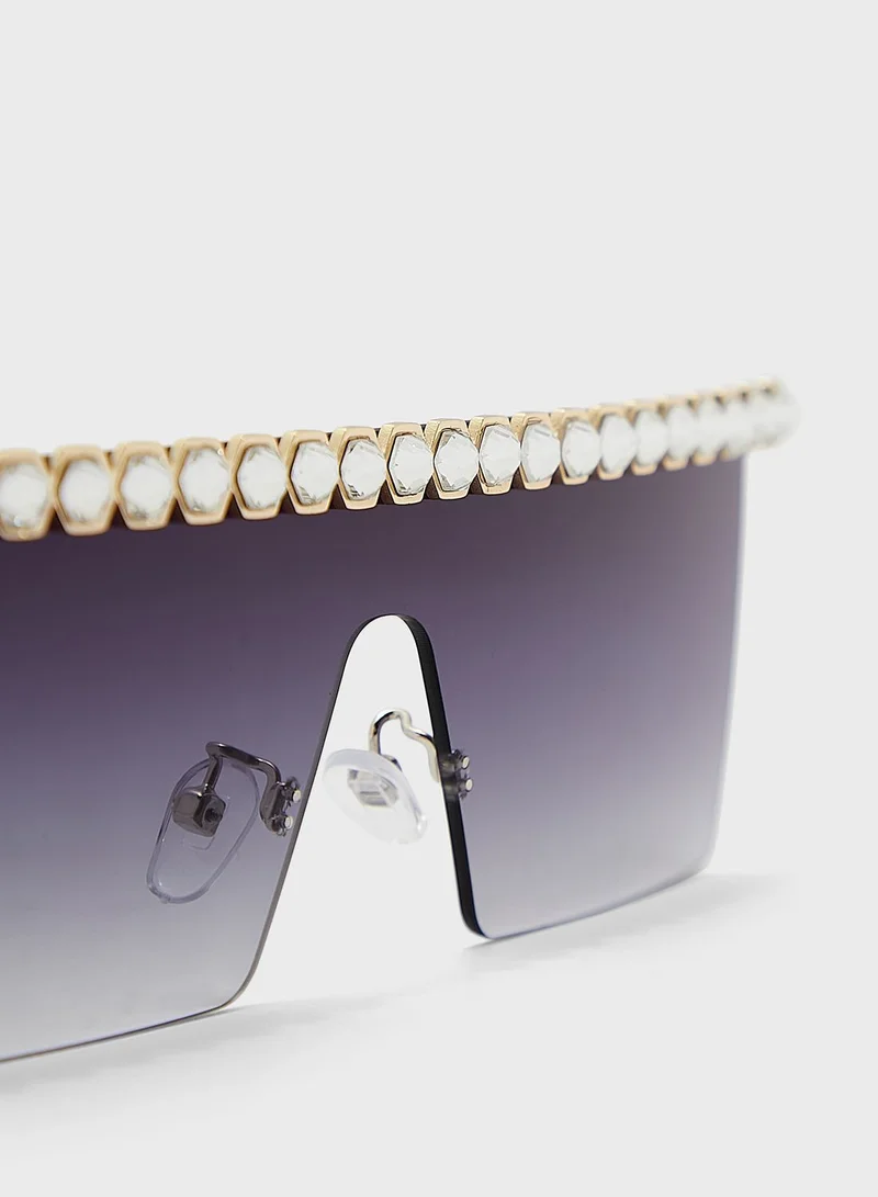 Ginger Coloured Jewel Trim Shield Sunglasses