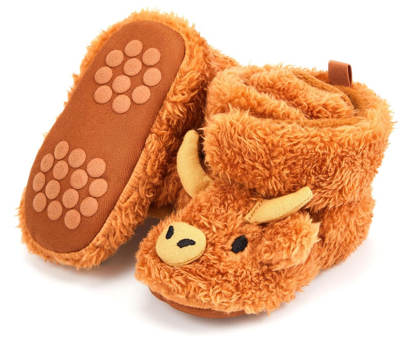 ShinyMatch Highland Baby Booties Newborn Baby Shoes Unisex Infant Slippers for Toddler Infant Girl Boy(6-12 Months,Highland Cow,Yellow) - Image 1