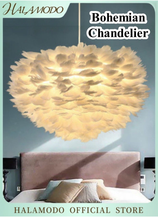 HALAMODO Chandelier Bohemian Boho Beachy Ceiling Lamp Light Romantic Feather Chandelier Ceiling Light Farmhouse Chandelier for Bedroom Living Room Playroom  - Image 1