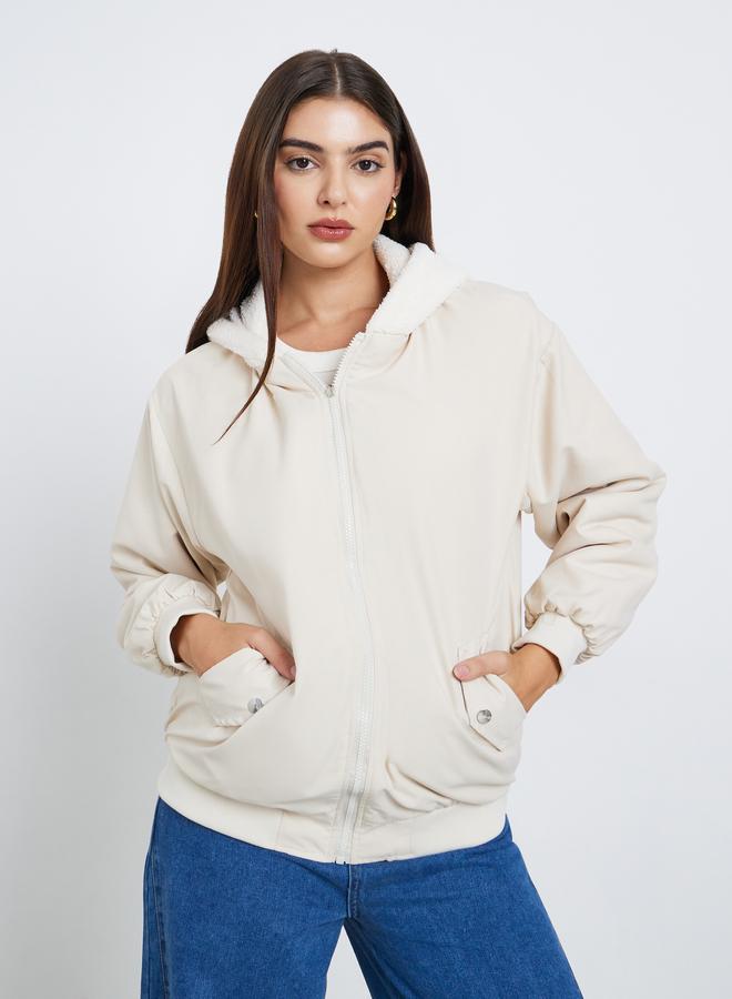 Styli Women Cream Hooded Bomber Jacket - Image 3