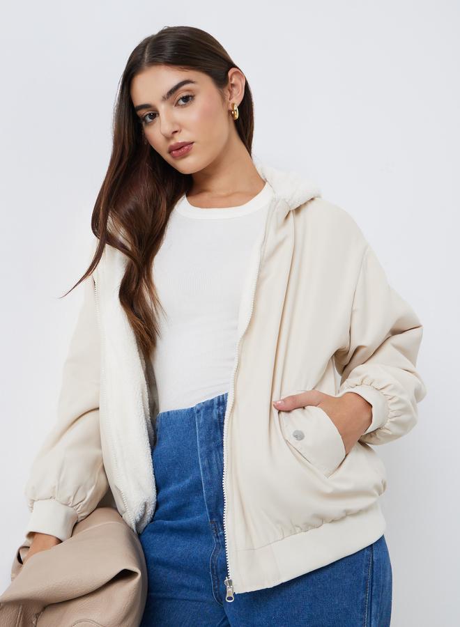 Styli Women Cream Hooded Bomber Jacket - Image 1
