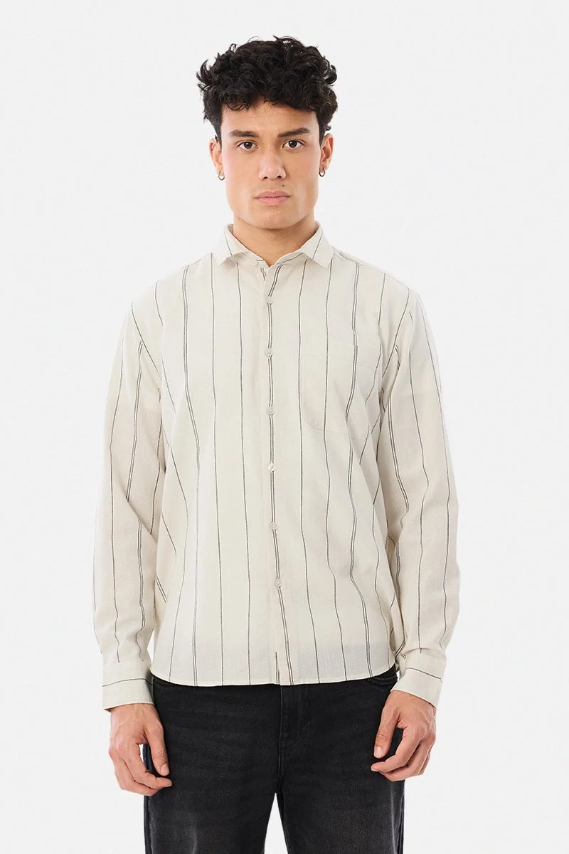سنيتش Cream Striped Long Sleeve Regular Fit Shirt