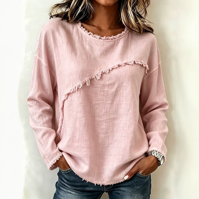 Women's Round Neck Long Sleeve Lace T-Shirt, Loose Fit - Image 4