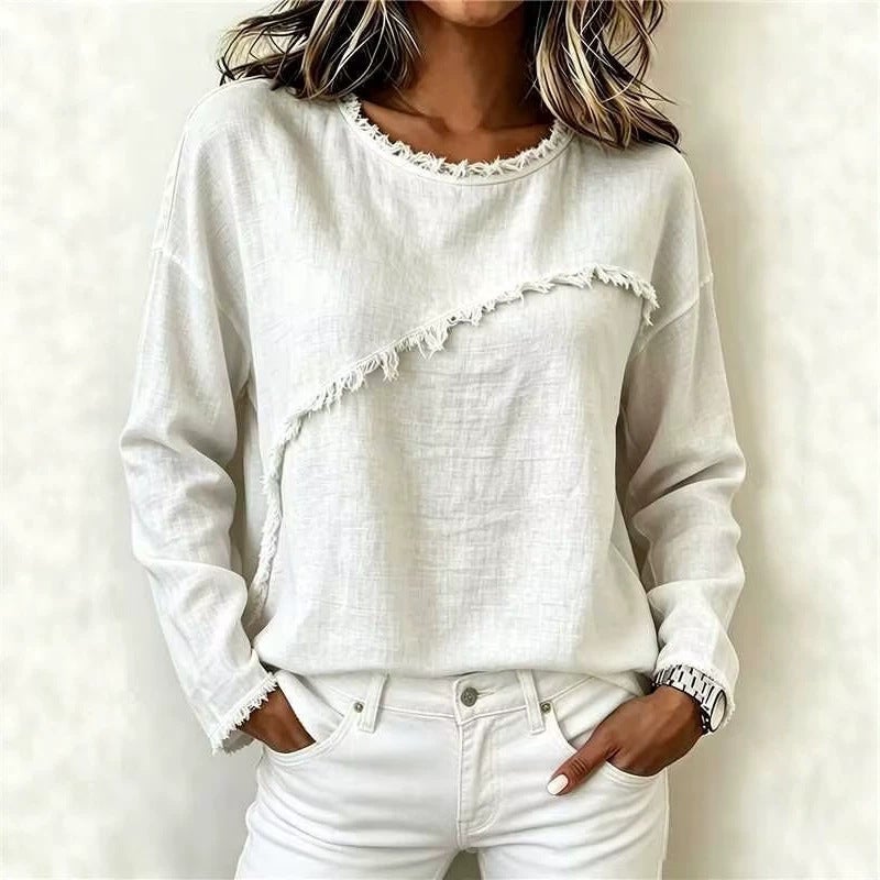 Women's Round Neck Long Sleeve Lace T-Shirt, Loose Fit - Image 2