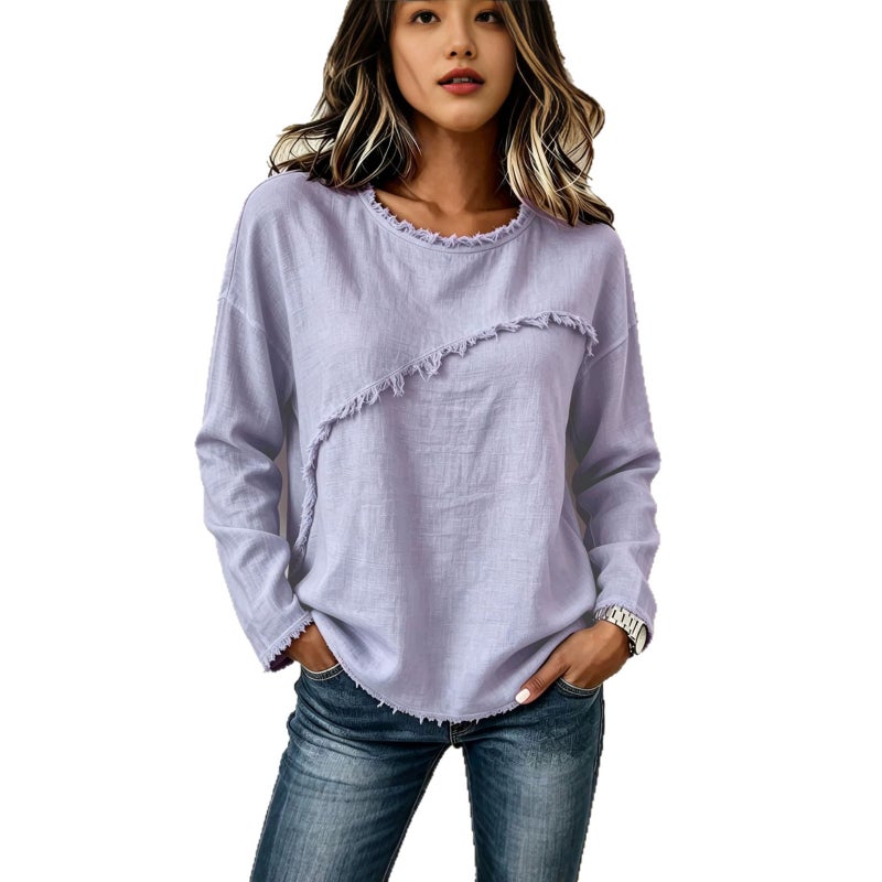 Women's Round Neck Long Sleeve Lace T-Shirt, Loose Fit - Image 5