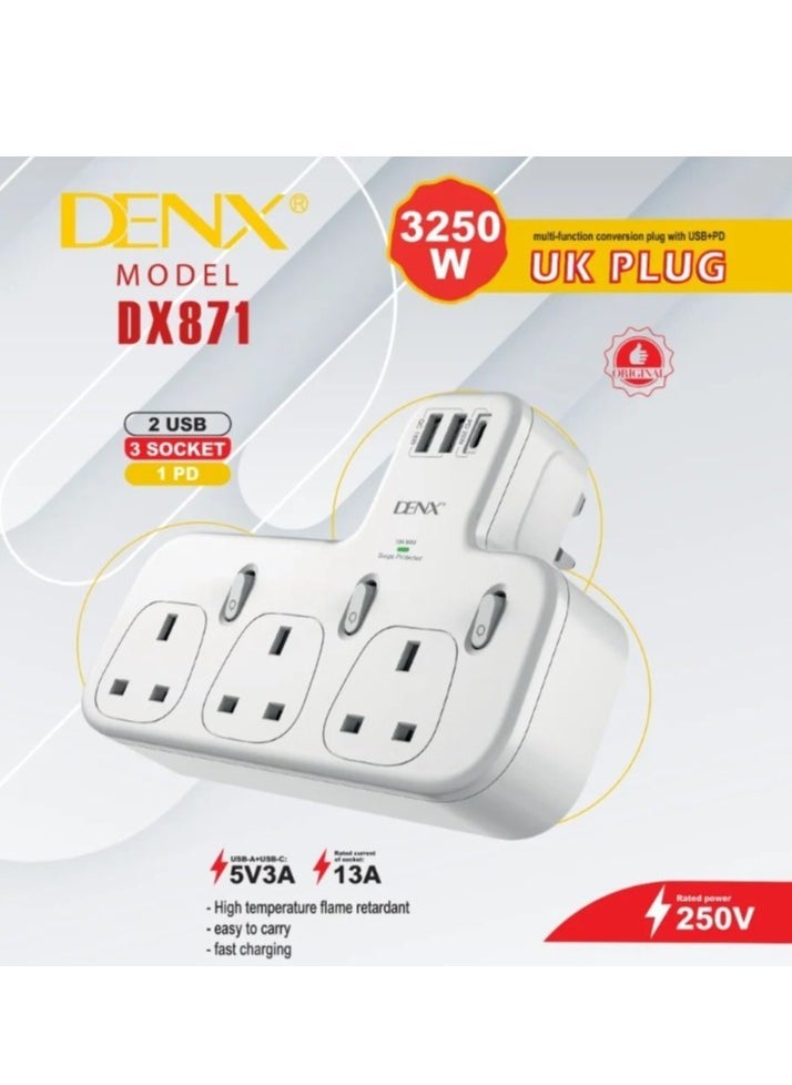 Denx Wall Power Strip With 3 Triple Outlets, Two Usb Ports, And A Pd Port That Supports Fast Charging/Dx871 - Image 1