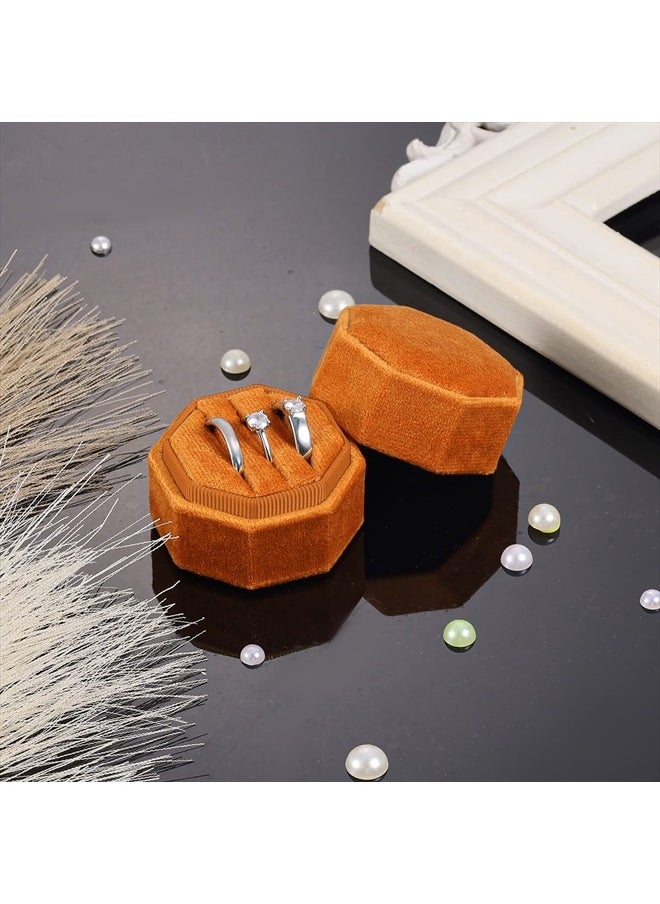 AIEX Velvet Ring Box for Wedding Ceremony, Three Slots Octagonal Velvet Jewelry Ring Box for Proposal Engagement Wedding Anniversary Valentines Day for Holding 3 Rings (Burnt Orange)  - Image 2
