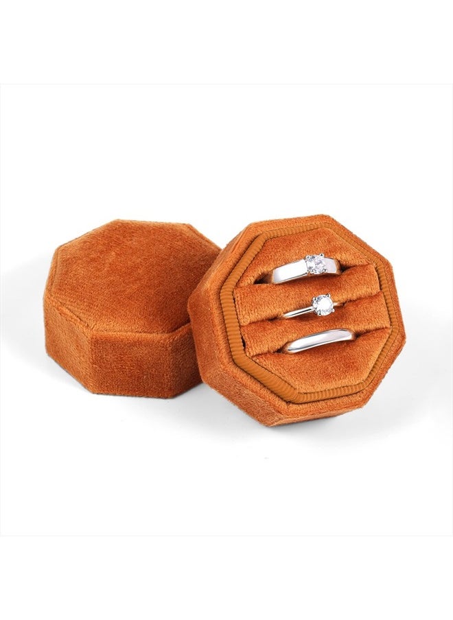 AIEX Velvet Ring Box for Wedding Ceremony, Three Slots Octagonal Velvet Jewelry Ring Box for Proposal Engagement Wedding Anniversary Valentines Day for Holding 3 Rings (Burnt Orange)  - Image 1