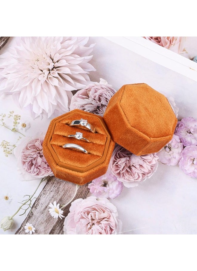 AIEX Velvet Ring Box for Wedding Ceremony, Three Slots Octagonal Velvet Jewelry Ring Box for Proposal Engagement Wedding Anniversary Valentines Day for Holding 3 Rings (Burnt Orange)  - Image 3