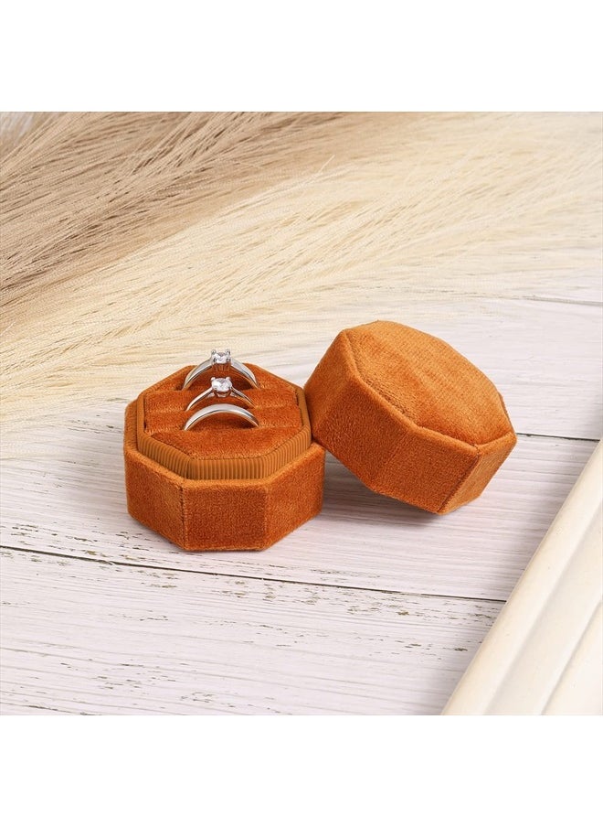 AIEX Velvet Ring Box for Wedding Ceremony, Three Slots Octagonal Velvet Jewelry Ring Box for Proposal Engagement Wedding Anniversary Valentines Day for Holding 3 Rings (Burnt Orange)  - Image 4