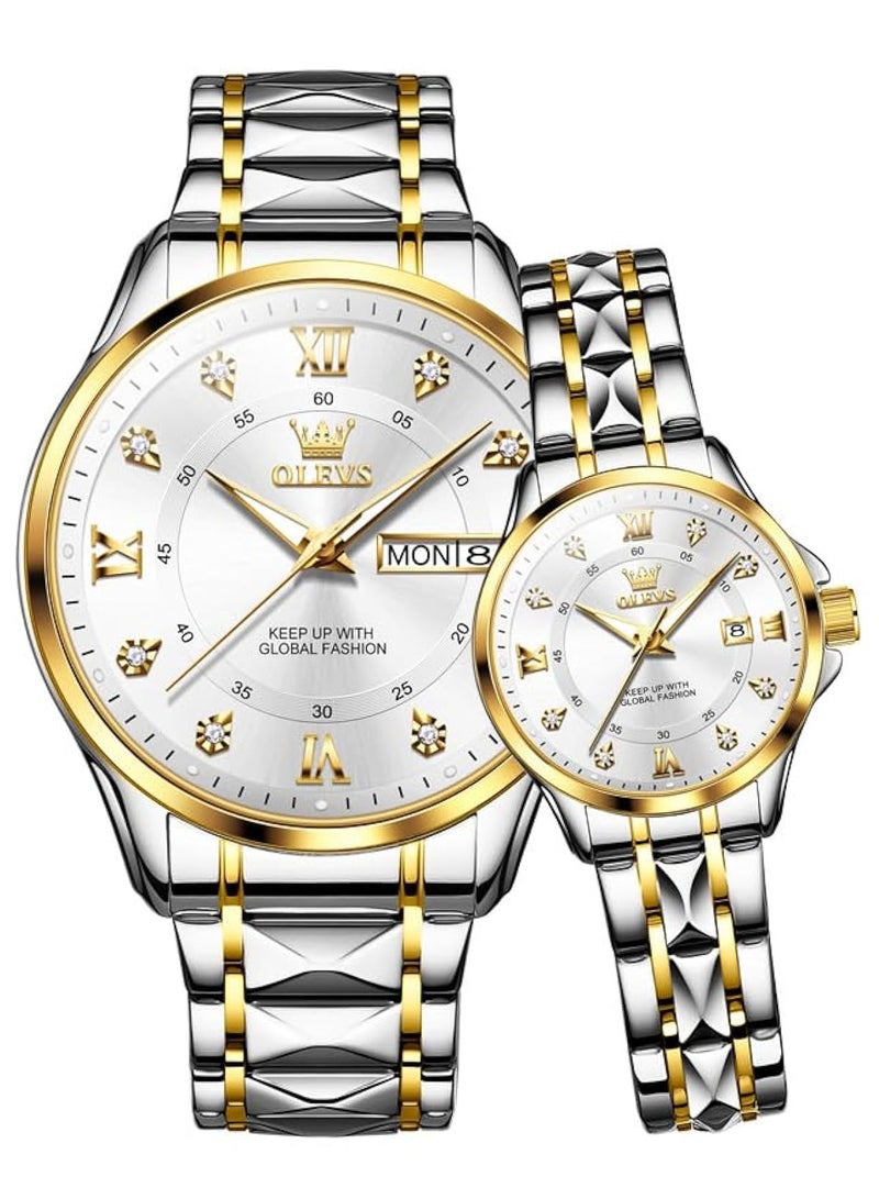 أوليفز ساعة OLEVS Couple Set Business Analog Quartz للرجال والنساء من الفولاذ المقاوم للصدأ ومقاومة للماء ومضيئة مع عرض التاريخ 2906  - Image 1