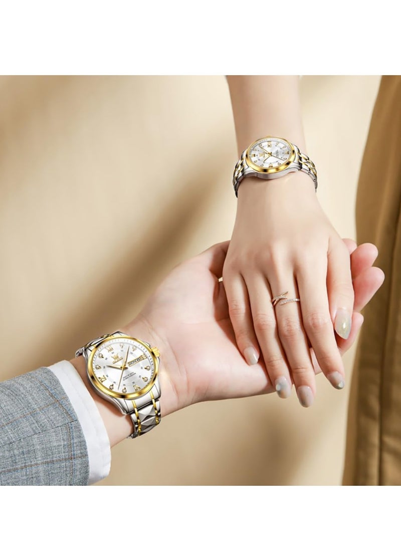 أوليفز ساعة OLEVS Couple Set Business Analog Quartz للرجال والنساء من الفولاذ المقاوم للصدأ ومقاومة للماء ومضيئة مع عرض التاريخ 2906  - Image 2