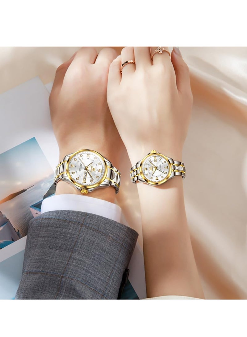 أوليفز ساعة OLEVS Couple Set Business Analog Quartz للرجال والنساء من الفولاذ المقاوم للصدأ ومقاومة للماء ومضيئة مع عرض التاريخ 2906  - Image 3