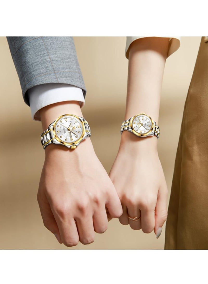 أوليفز ساعة OLEVS Couple Set Business Analog Quartz للرجال والنساء من الفولاذ المقاوم للصدأ ومقاومة للماء ومضيئة مع عرض التاريخ 2906  - Image 4