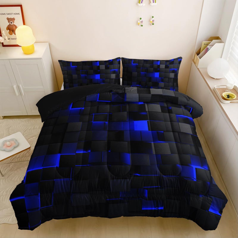 Nttopship Neon Blue Black Comforter Set Queen Geometric Kids Bedding Set,3 PCS Geometry Honeycomb Bed Set Modern Quilt Set 1 Comforter 2 Pillow Cases Cool Room Decor All Season B-Side Black - Image 3