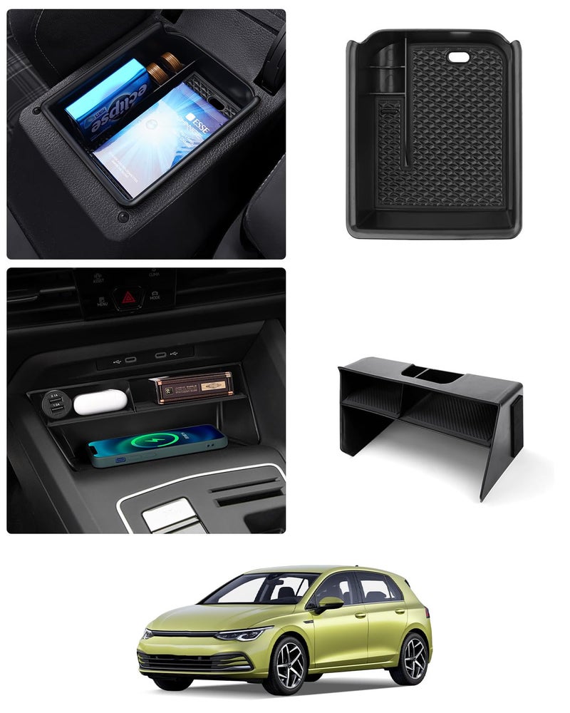 Karltys 2PCS Center Console Organizer Tray for 20222025 VW Volkswagen Golf GTI R MK8 Accessories Middle Console Tray Armrest Storage Box with NonSlip Silicone Mat
