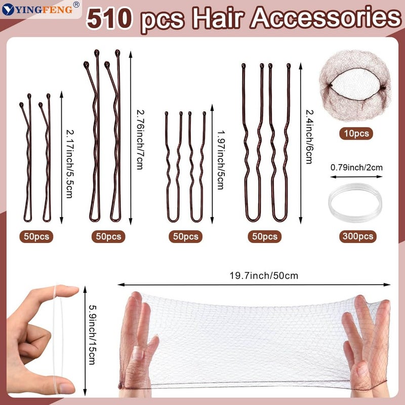 YINGFENG 510PCS Brown Bobby Pins Hair Pins Kit with Hair Net, YINGFENG Includes 100 Bobby Pins for Women, 100 U-Shaped Buns Hair Clips, 300 Hair Bands and 10 Brown Hair Nets, Dance competition must haves - Image 3