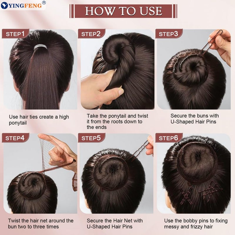 YINGFENG 510PCS Brown Bobby Pins Hair Pins Kit with Hair Net, YINGFENG Includes 100 Bobby Pins for Women, 100 U-Shaped Buns Hair Clips, 300 Hair Bands and 10 Brown Hair Nets, Dance competition must haves - Image 5