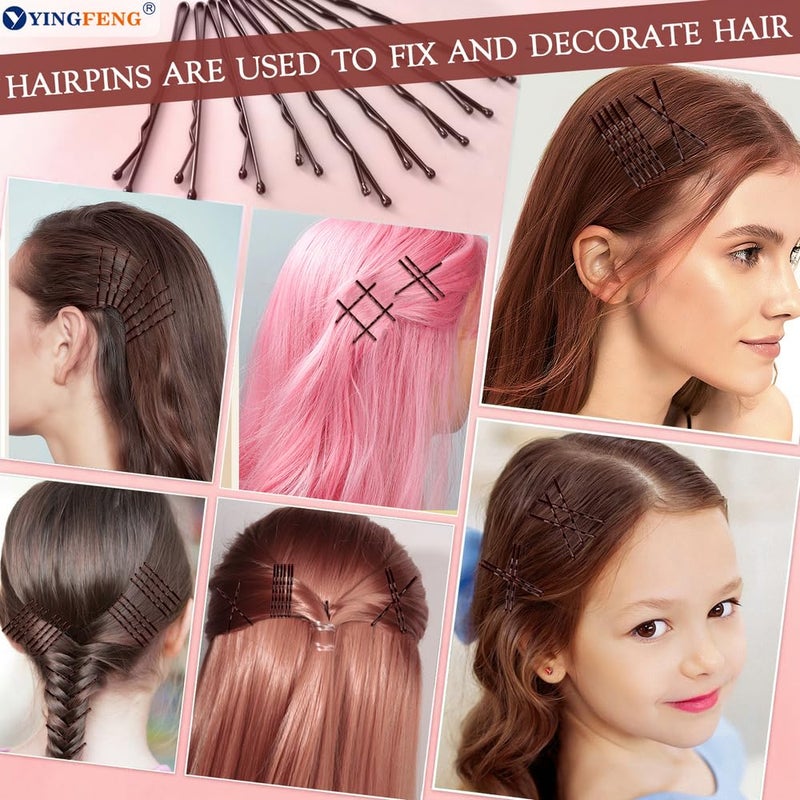 YINGFENG 510PCS Brown Bobby Pins Hair Pins Kit with Hair Net, YINGFENG Includes 100 Bobby Pins for Women, 100 U-Shaped Buns Hair Clips, 300 Hair Bands and 10 Brown Hair Nets, Dance competition must haves - Image 2