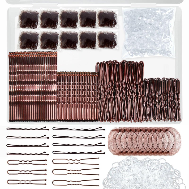 YINGFENG 510PCS Brown Bobby Pins Hair Pins Kit with Hair Net, YINGFENG Includes 100 Bobby Pins for Women, 100 U-Shaped Buns Hair Clips, 300 Hair Bands and 10 Brown Hair Nets, Dance competition must haves - Image 1