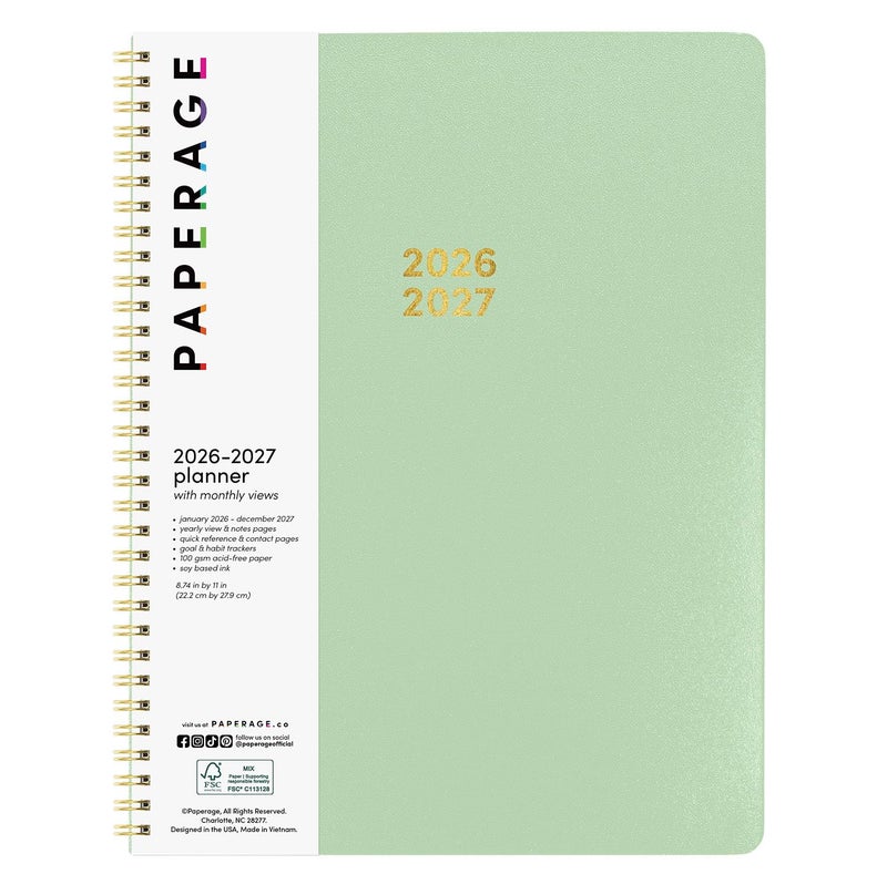 PAPERAGE 2 Year Monthly & Yearly Planner, 24 Months (January 2026 - December 2027), 8.5 in x 11 in, Spiral Bound 2026-2027 Planner with Monthly & Yearly Views, Note Pages & Trackers - Sage Green - Image 1